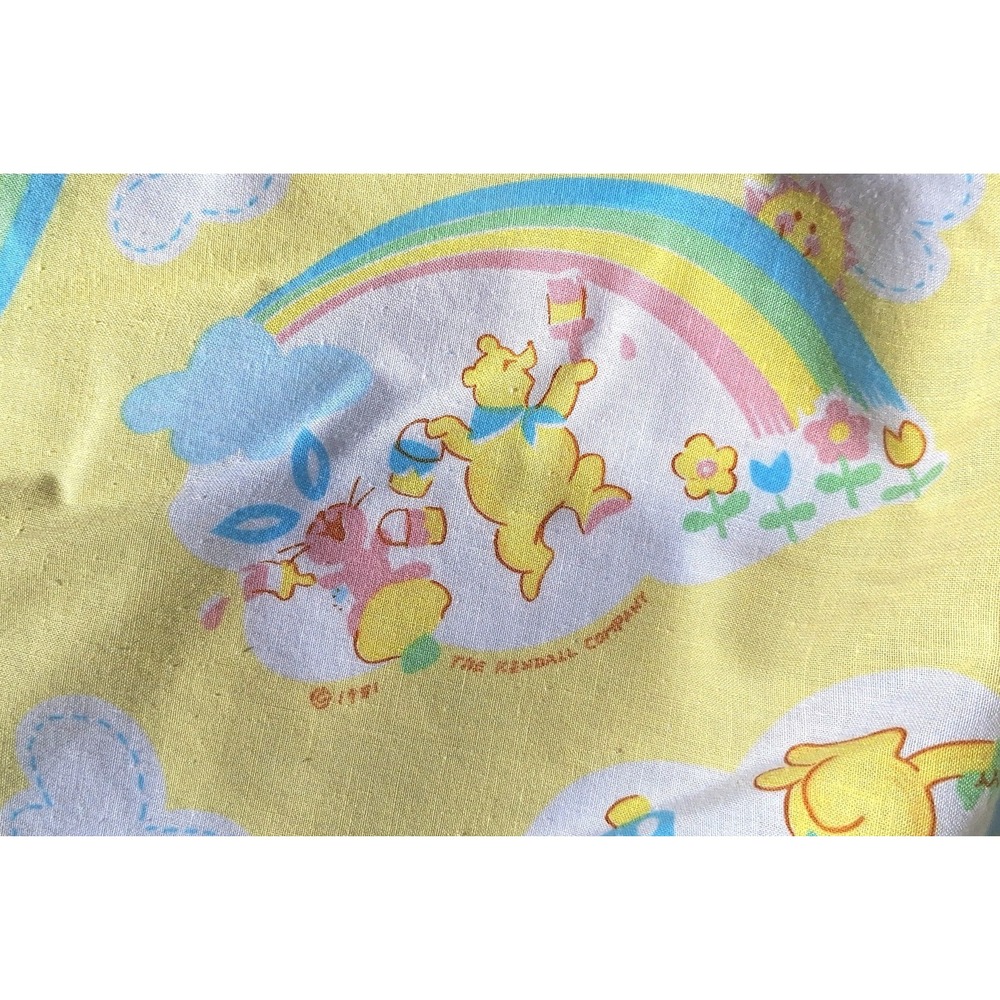 Vtg 1991 rabbit bear Fitted baby Crib Sheet Yellow Rainbow Kendall Company
